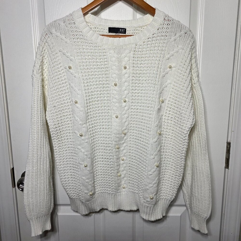 Kut From the Kloth White Sweater with Pearls Women's Size Large